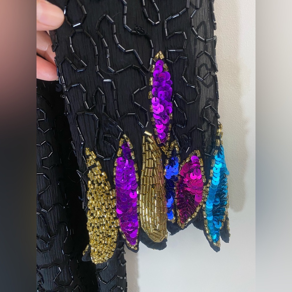 Vintage Erica Louis Beaded Silk Dress – Black Sequin Long Sleeve Elegant Gown - Picture 4 of 13